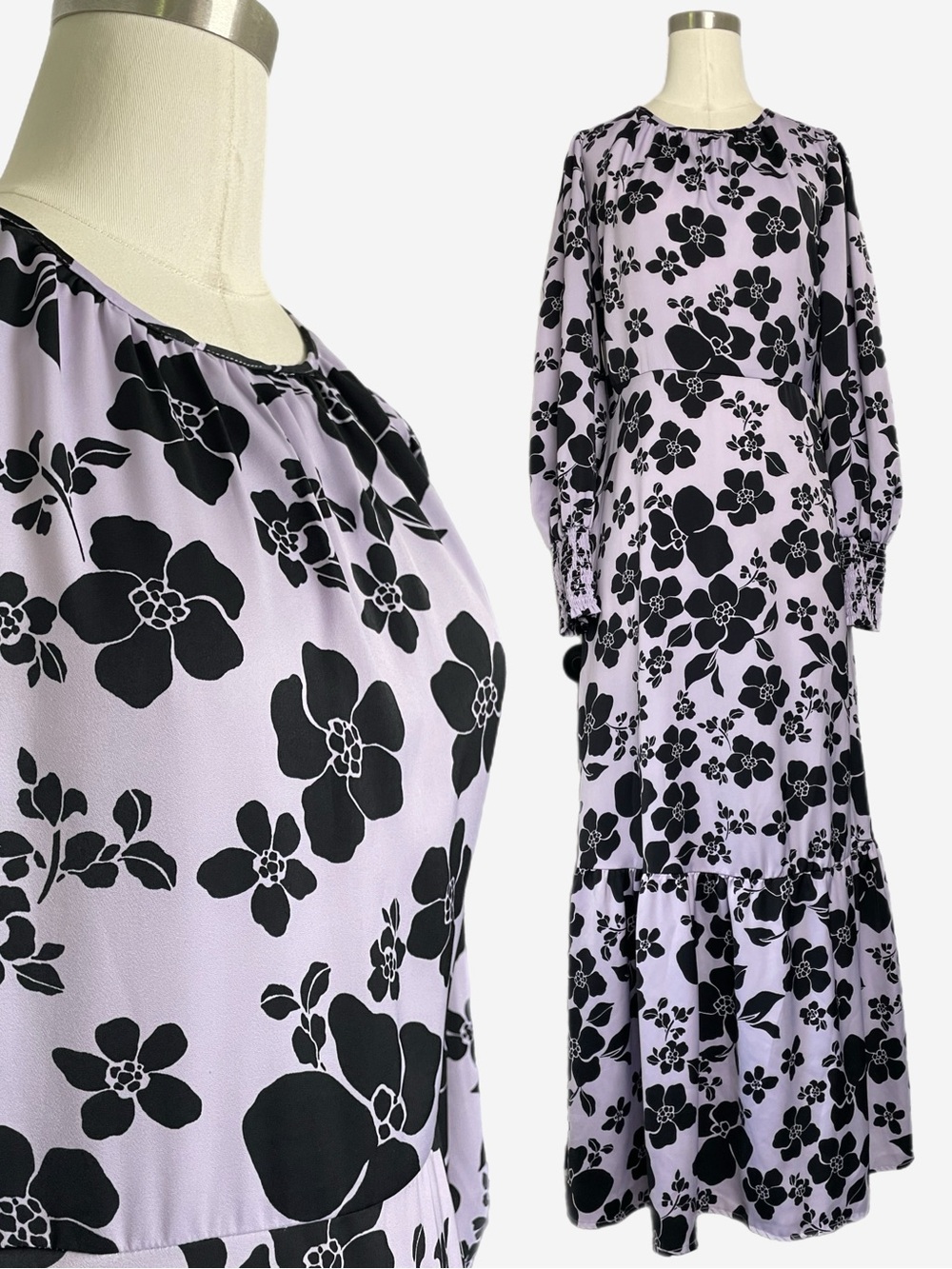 Who What Wear Lavender black floral long sleeve ruffle maxi dress flowy modest S